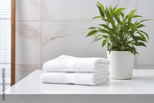 There is a white table in the bathroom with fresh towels and a houseplant placed on it There is also room available for adding any desired text