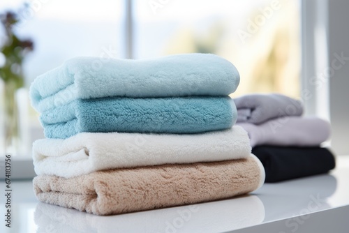 There is a pile of plush bath towels resting on a table with a gently blurred background There is also plenty of room available for any accompanying text or messages