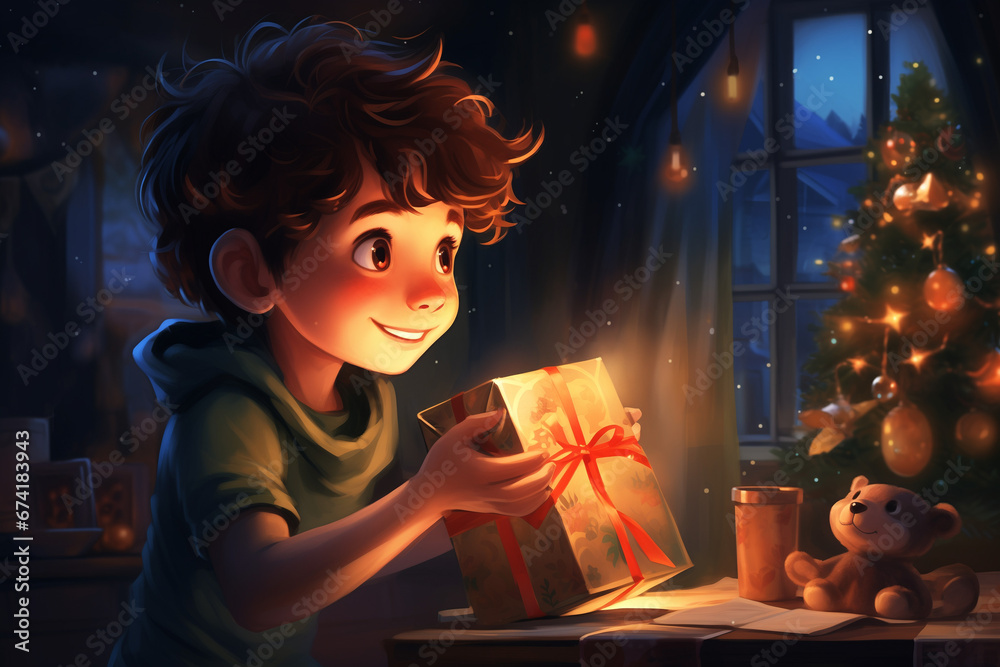 Child Opening Gifts from the Christmas Tree, a young boy unwrapping presents with pure joy and excitement on a magical holiday morning