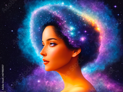 Beautiful woman face in space with stars and nebula.
