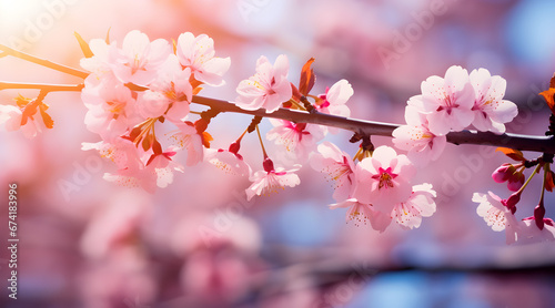 Close-up of delicate pink cherry blossoms in full bloom against a clear blue spring sky  symbolizing the beauty of spring.