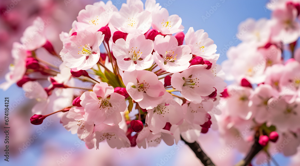 Obraz premium Close-up of delicate pink cherry blossoms in full bloom against a clear blue spring sky, symbolizing the beauty of spring.