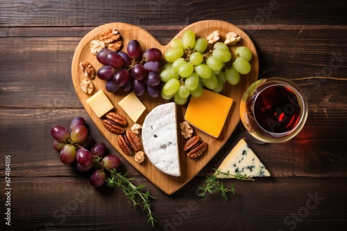 Various cheeses on heart shaped wooden board Includes grapes walnuts olives rosemary and white wine Overhead view empty area