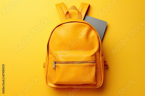 Yellow background with stylish backpack and school stationery flat lay