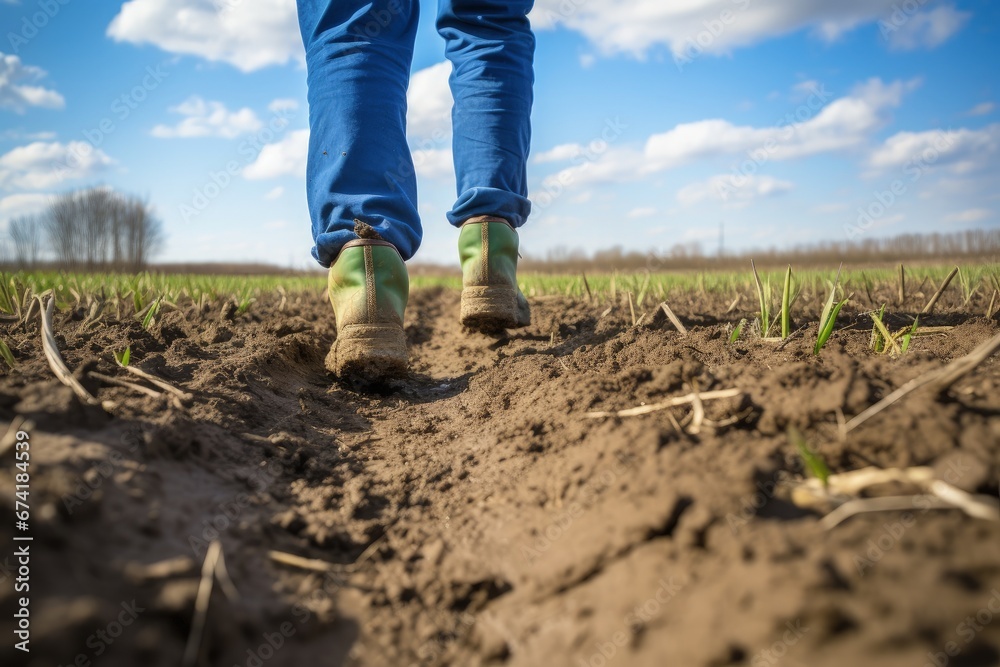 Man in rubber boots walks in a farmer s field under the blue sky Man in rubber boots walks in a farmer s field under the blue sky