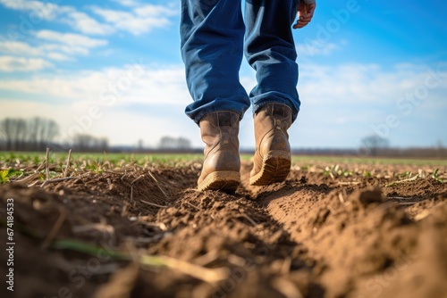 Man in rubber boots walking in a plowed field