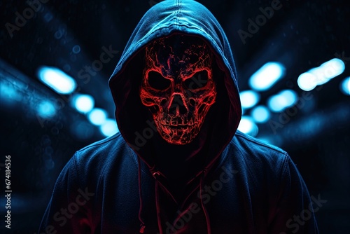Man wearing dark hoodie with illuminated red and blue lights having a human skull for a face photo