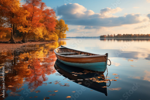 A tranquil scene of a rowboat on a calm, reflective lake. Concept of relaxation and nature's beauty. Generative Ai.
