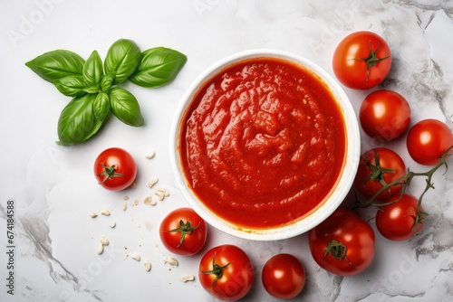 Marble background with homemade tomato sauce in a flat lay composition photo
