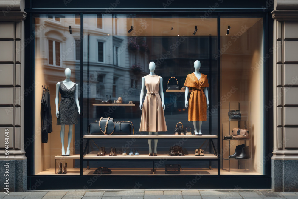 A storefront window with a mock-up of a clothing display. Concept of retail and fashion merchandising. Generative Ai. - obrazy, fototapety, plakaty 