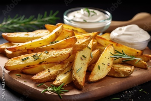 Mayonnaise and rosemary on white wooden board accompanies homemade potato fries