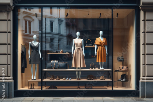 A storefront window with a mock-up of a clothing display. Concept of retail and fashion merchandising. Generative Ai. photo