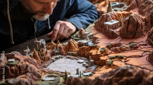 Geographer exploring the terrain on the model photo