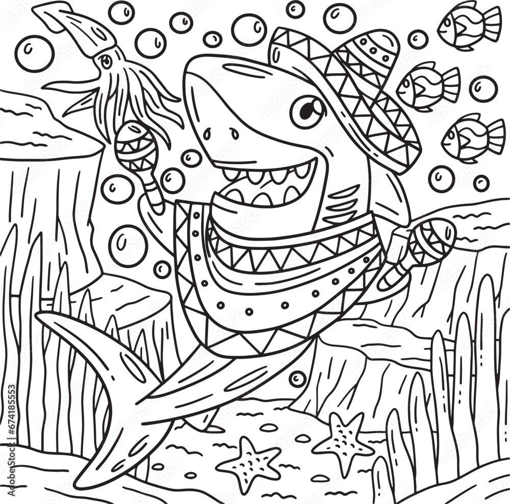 Shark with Sombrero and Maracas Coloring Page 