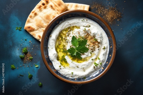 Middle Eastern dip for breakfast with labneh yogurt cream cheese olive oil and zaatar View from above with space for text photo