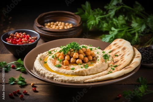 Middle Eastern food from Tel Aviv Jaffa consisting of hummus pita bread tahini parsley and chickpeas