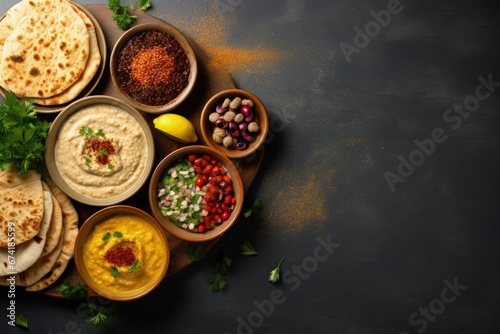 Middle eastern breakfast with hummus falafel and zaatar Top view copy space photo