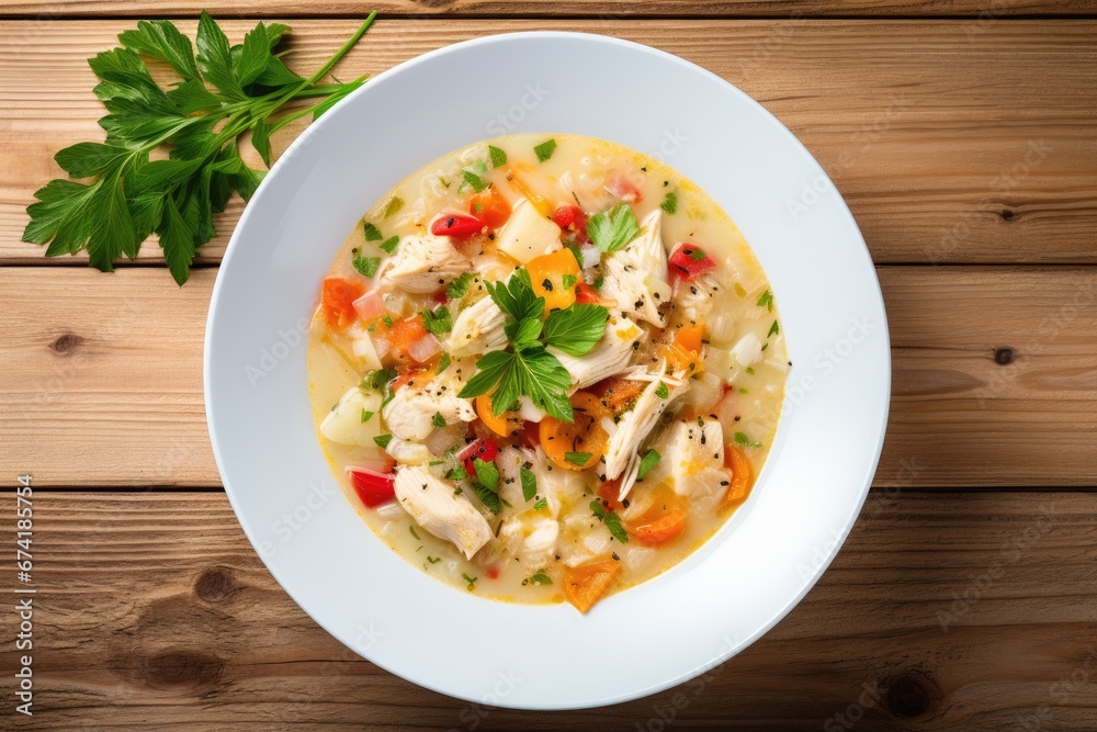 Overhead view of chicken vegetable soup on white wood Overhead view of chicken vegetable soup on white wood