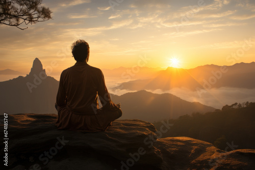 A yoga practitioner meditating on a mountain peak at sunrise. Concept of spirituality and inner peace. Generative Ai.