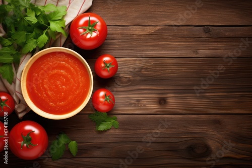 Overhead view of tomato soup on wood table