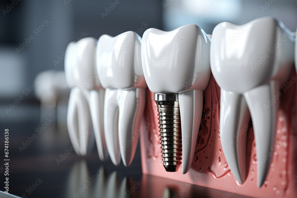 A dental implant model showcasing the titanium screw and abutment. Concept of dental prosthetics and tooth restoration. Generative Ai. - obrazy, fototapety, plakaty 