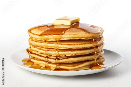 Stack of newly made buttermilk pancakes with syrup and butter isolated on white