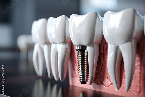 A dental implant model showcasing the titanium screw and abutment. Concept of dental prosthetics and tooth restoration. Generative Ai.