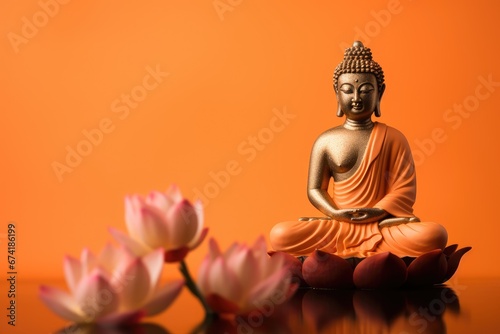 Standing Buddha on water lotus orange background