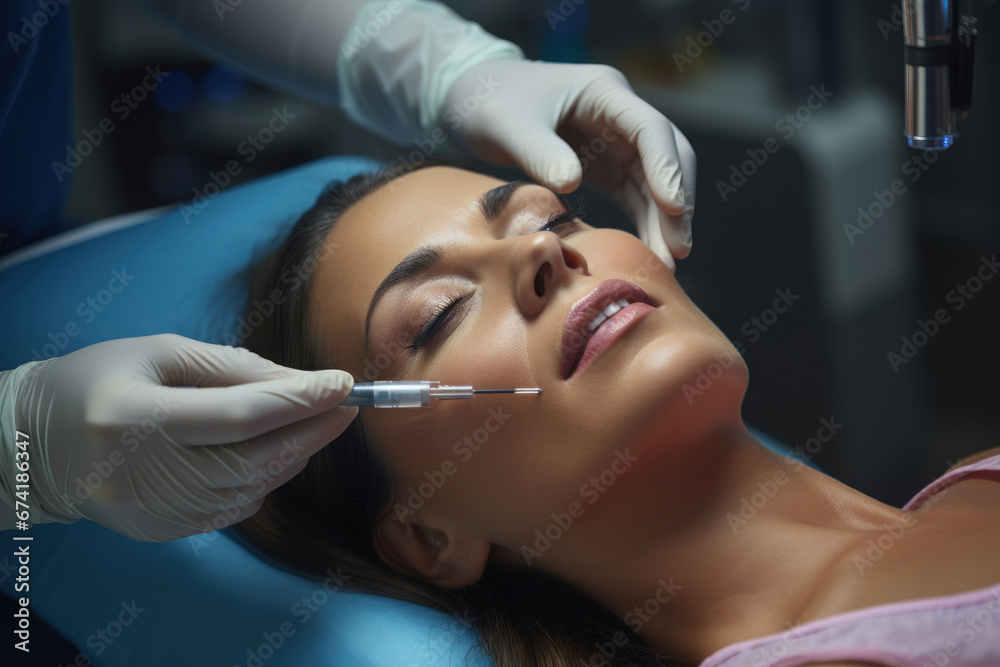 Fototapeta premium A patient receiving local anesthesia before dental implant surgery. Concept of pain management and comfort. Generative Ai.