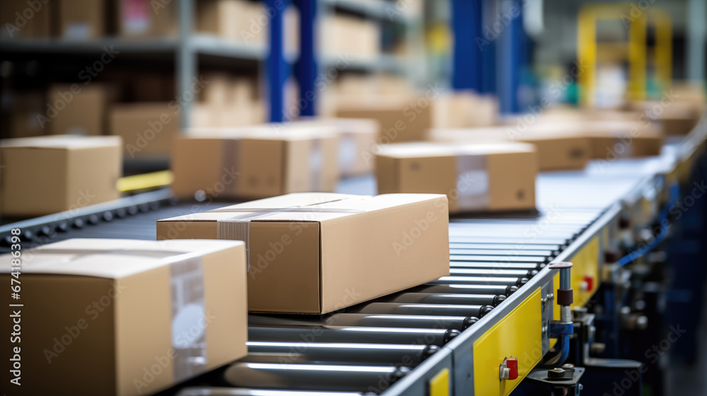 Close-up of multiple cardboard box packages on conveyor belt. Close-up of multiple cardboard box packages on conveyor belt.