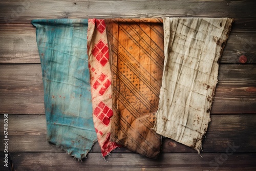 Stained vintage kerchiefs on a grungy wooden background