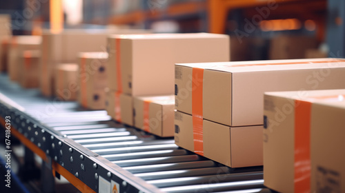 Close-up of multiple cardboard box packages on conveyor belt. © Pro Hi-Res