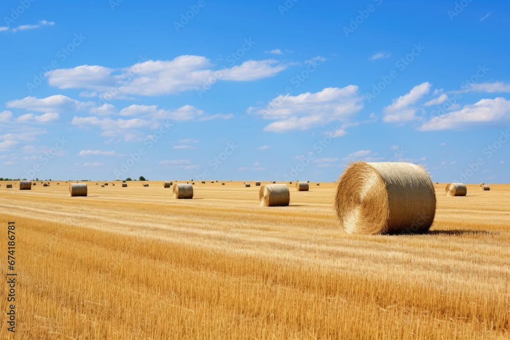Summertime field scattered with haystacks
