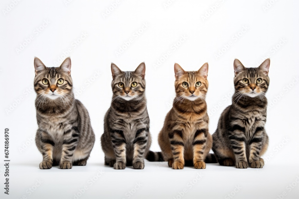 Studio tabby cats on a white background Loved quirky potentially grumpy but content Perfect for cat food ads