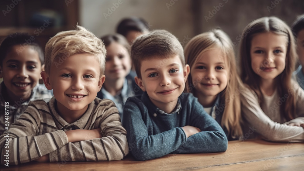 Portrait of smiling schoolchildren sitting at desk in classroom. School concept. Back to school concept. Children concept Portrait of smiling schoolchildren sitting at desk in classroom. School concept. Back to school concept. Children concept