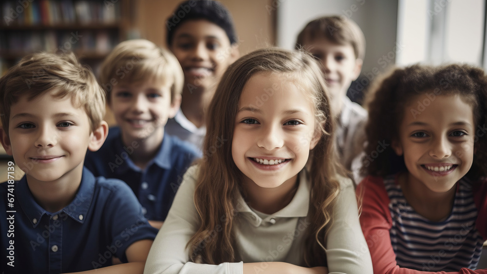 Portrait of smiling schoolchildren sitting at desk in classroom. School concept. Back to school concept. Children concept