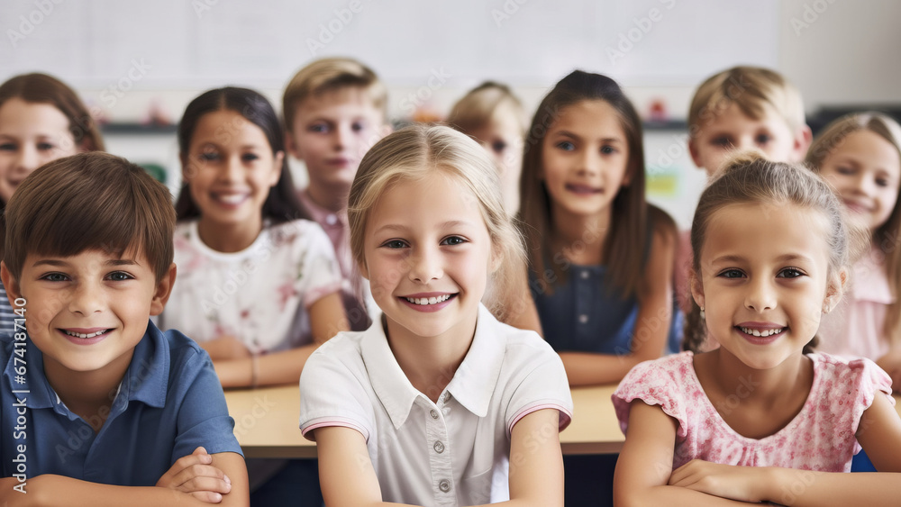 Portrait of smiling schoolchildren sitting at desk in classroom. School concept. Back to school concept. Children concept Portrait of smiling schoolchildren sitting at desk in classroom. School concept. Back to school concept. Children concept