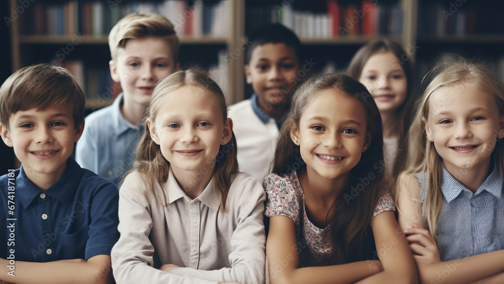 Portrait of smiling schoolchildren sitting at desk in classroom. School concept. Back to school concept. Children concept