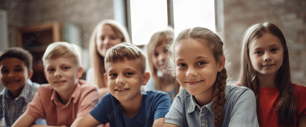Fototapeta premium Portrait of smiling schoolchildren sitting at desk in classroom. School concept. Back to school concept. Children concept