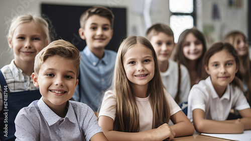 Portrait of smiling schoolchildren sitting at desk in classroom. School concept. Back to school concept. Children concept