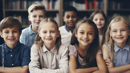 Portrait of smiling schoolchildren sitting at desk in classroom. School concept. Back to school concept. Children concept