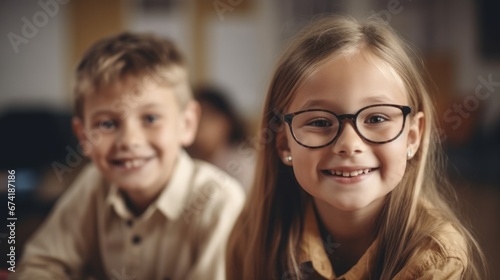 Portrait of smiling schoolchildren sitting at desk in classroom. School concept. Back to school concept. Children concept