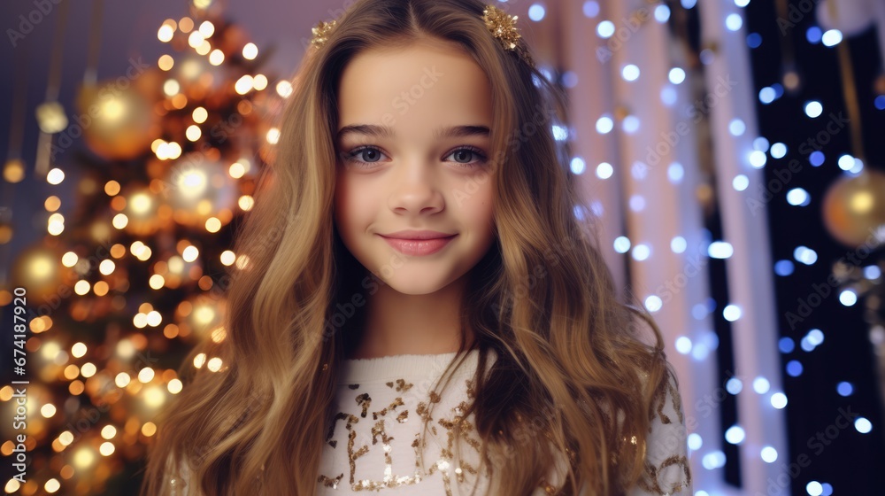 Happy joyful girl the background of a Christmas tree Happy joyful girl the background of a Christmas tree