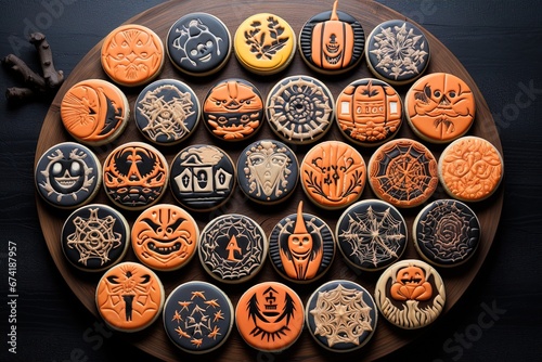 Delight in a playful array of cookies featuring cats, spiders, devils, ghosts, and candy. Creatively framed with a unique touch, these treats wear colorful costumes. 