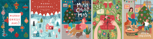 Christmas card set - hand drawn cute flyers. Postcards with lettering and Christmas graphic elements. Xmas prints.