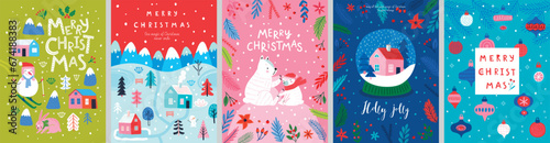 Christmas card set - hand drawn cute flyers. Postcards with lettering and Christmas graphic elements. Xmas prints. © avian
