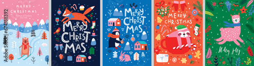 Christmas card set - hand drawn cute flyers. Postcards with lettering and Christmas graphic elements. Xmas prints.