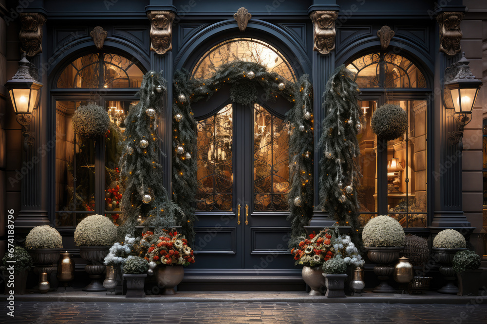 Obraz premium A retail storefront adorned with holiday decorations, exemplifying the festive season's impact on retail businesses. Generative Ai.