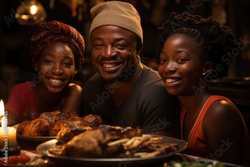 A Nigerian family feasting on a variety of dishes during Christmas, showcasing the rich culinary traditions of the country. Generative Ai.