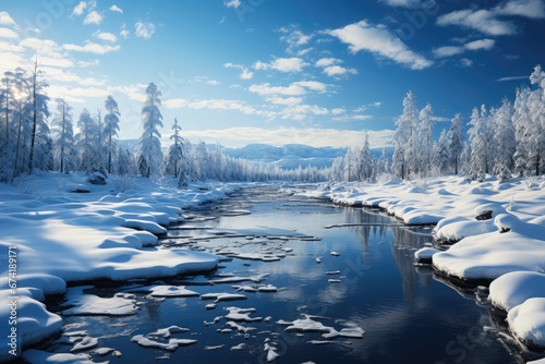 A snowy landscape in Lapland, Finland, home to Santa Claus, exemplifying the magical Christmas experiences offered in the region. Generative Ai. © Sebastian